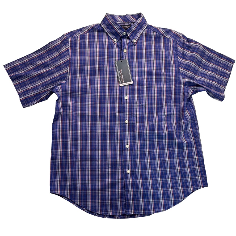 Roundtree & Yorke Performance Mens M Blue Plaid Short Sleeve Button Up Shirt